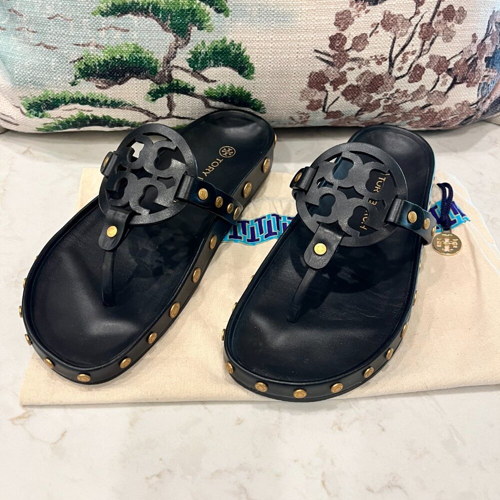 Tory Burch  Studded Black and Gold Flip Flop - Picture 2 of 7